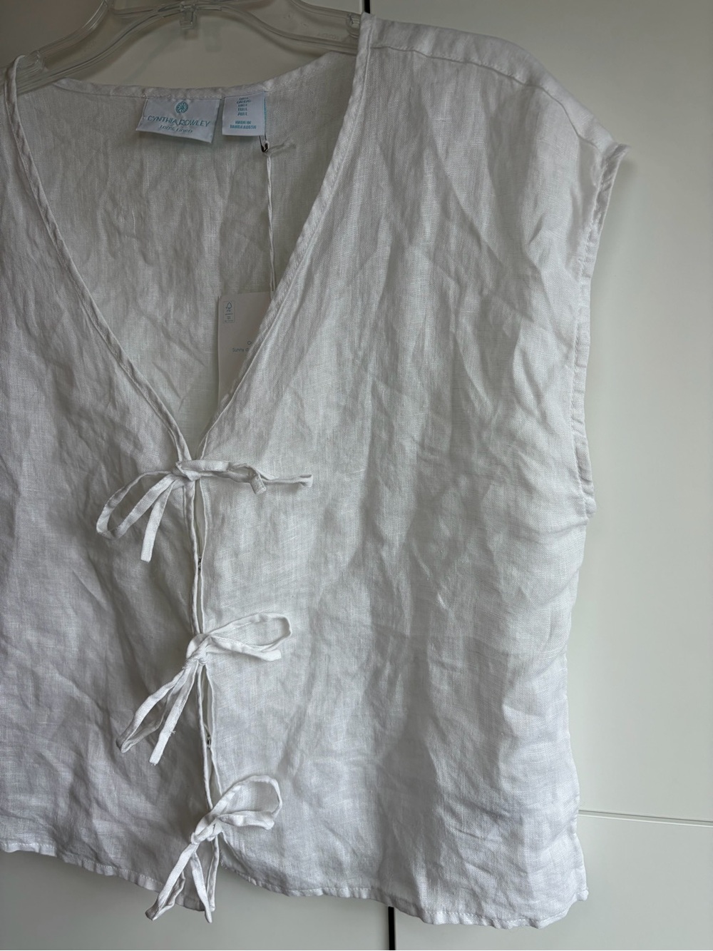 NWT Cynthia Rowley 100% Linen White Tie-Front Short Sleeve Top Large - Picture 3 of 10